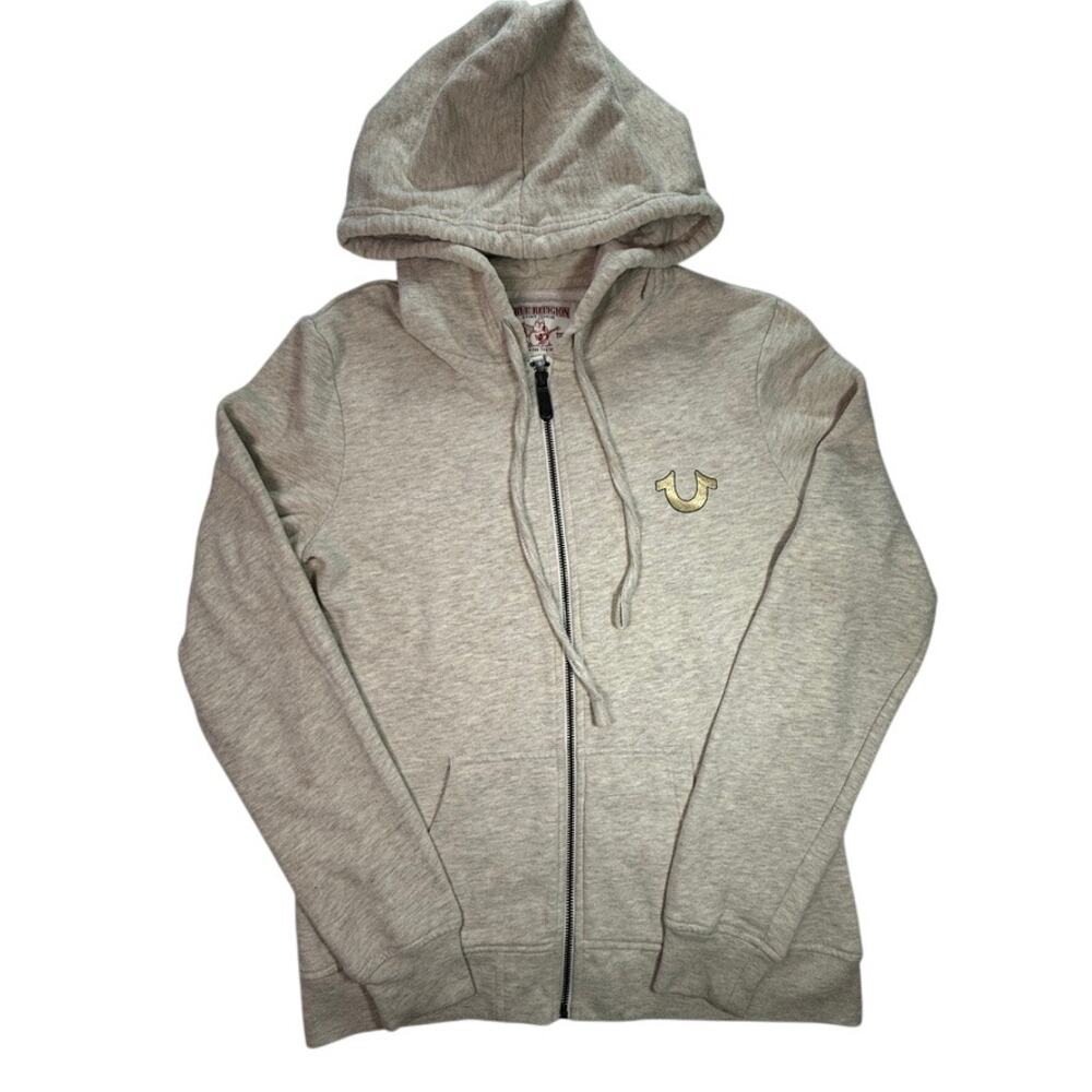 True Religion Men’s M Oatmeal Gold Logo Full Zip Hoodie World Tour